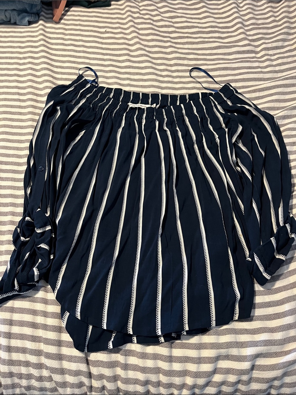 Faithfull the Brand Navy and White Off-Shoulder Striped Blouse